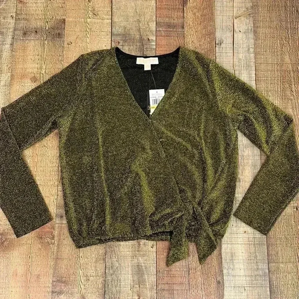 NWT Michael Kors Faux Tie Wrap Black/Gold Blouse
